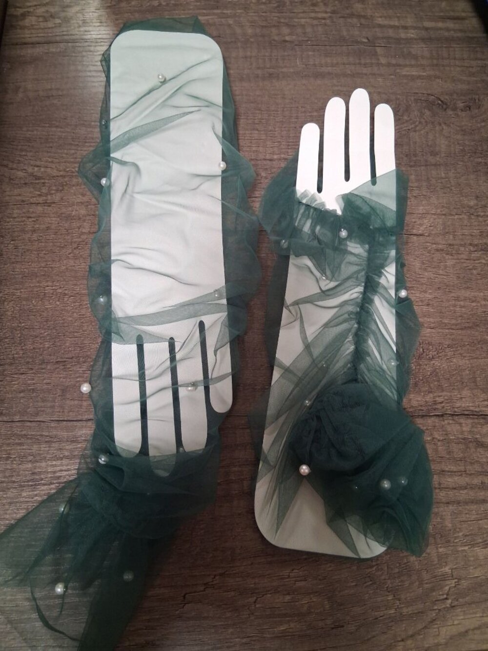 Sheer Gloves Formal Green Faux Pearls Sleeves Fingerless Renaissance